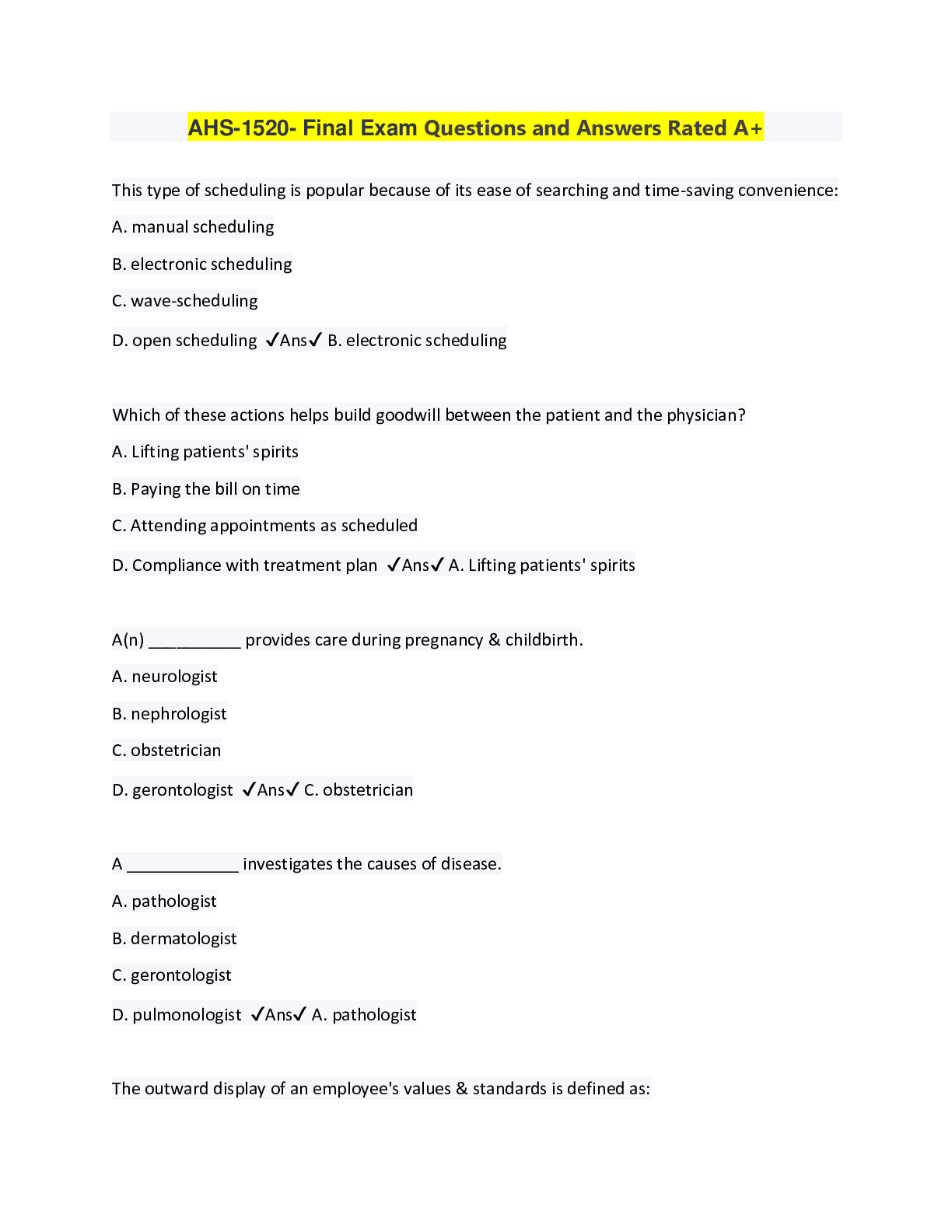 Preview image for AHS-1520- Final Exam Questions and Answers Rated A+